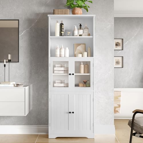 Moimhear 57.4x28.4x162.5cm hoher Badezimmerschrank, komplett lackiert, Glastüren, Holztüren, Zwei offene Ablagefächer, verstellbare Trennwände (Weiß) von Moimhear