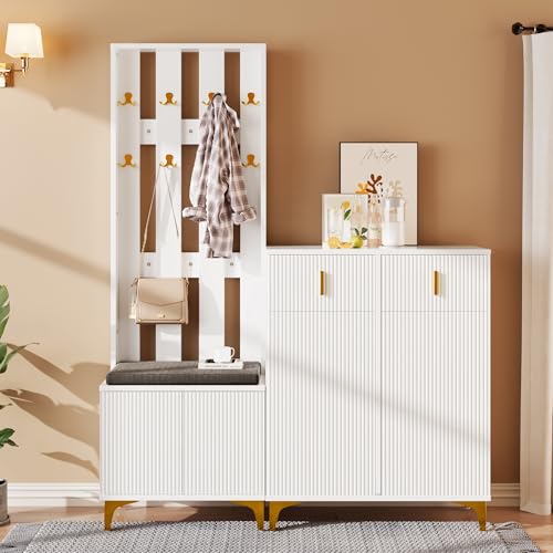 Moimhear 60.5x180.5x35.2cm+ 83x101x 35cm, Garderobenset mit Schuhbank und Kissen, Garderobenfront mit Haken, Schuhschrank mit Schubladen und Türen (Weiß) von Moimhear