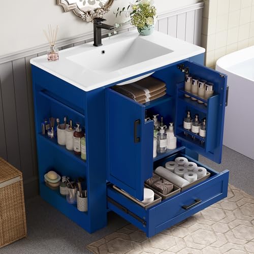 Moimhear 76 x 46 x 78.5cm Bodenstehender Badezimmerschrank, Waschtisch,Volllackierung, Doppeltürregale, geräuschlose Schubladen, Regale auf beiden Seiten, integriertes Keramikwaschbecken, blau von Moimhear