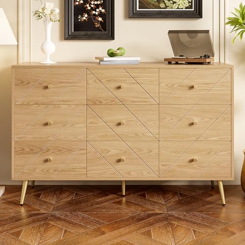 Moimhear 9-Schubladen Kommode mit Eisenbeinen, 120x39x80cm, Holzfarbe, für Schlafzimmer, PB-Konstruktion mit eleganten geometrischen Mustern und Knöpfen Moimhear 9-Schubladen Kommode mit Eisenbeinen, 120x39x80cm, Holzfarbe, für Schlafzimmer, PB-Konstruktion mit eleganten geometrischen Mustern und Knöpfen von Moimhear