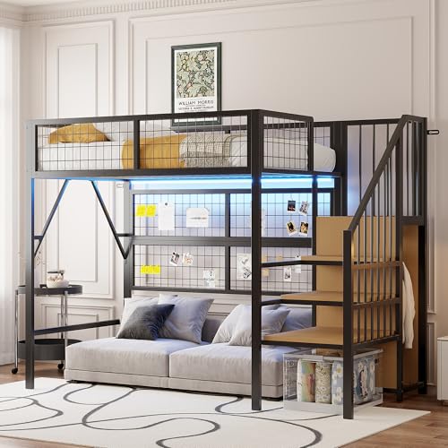 Moimhear 90 * 200 Hochbett, multifunktionales Metallhochbett, ausgestattet mit APP-gesteuerter Fantasielichtleiste, Treppe mit Stauraum und offenem Kleiderschrank, ohne Matratze, (Schwarz) von Moimhear