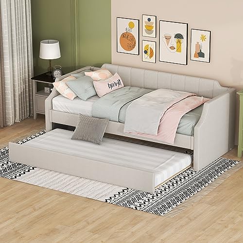 Moimhear 90 x 200(190) Day-Betten, Gepolstertes Single Daybed mit Rollbett (Beige) von Moimhear