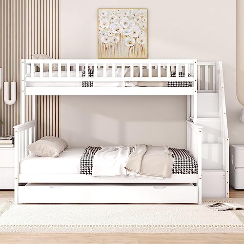 Moimhear 90 x 200 über 140 x 200 Kinder-Etagenbett mit Rollbett und Treppe, weiß von Moimhear