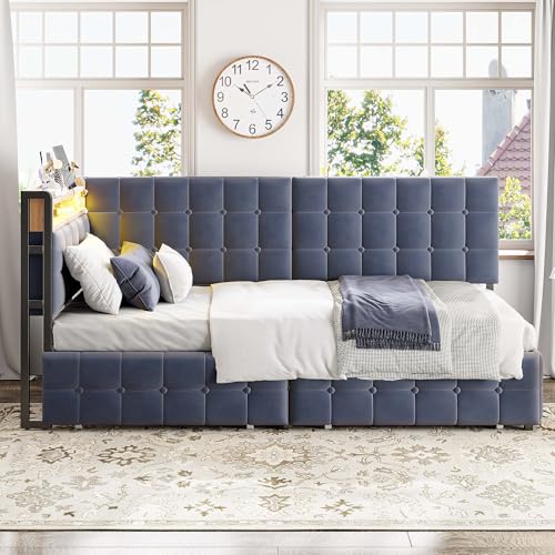 Moimhear 90x200cm gepolstertes Schlafsofa, Polsterbett mit 2 Schubladen und LED-Nachttischlampe, USB- und Typ-C-Anschlüssen, Einzelschlafsofa (Dunkelgrau) von Moimhear