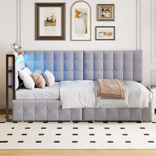 Moimhear 90x200cm gepolstertes Schlafsofa, Polsterbett mit 2 Schubladen und LED-Nachttischlampe, USB- und Typ-C-Anschlüssen, Einzelschlafsofa (Hellgrau) von Moimhear