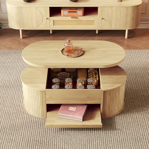 Moimhear Anhebbarer Couchtisch, 110 x 55.5 x 55 cm, Couchtisch mit gebogenen Holzseiten, ausziehbarem Regal, anhebbarer Tischplatte (Natürliche Holzfarbe) von Moimhear