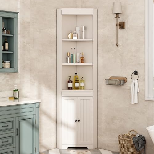 Moimhear Badezimmer-Hochschrank, DREI offene Ablagefächer, Feuchtigkeitsgeschützte Flügeltüren, Verschiebbare Einlegeböden, 49.5x35x170cm (Weiß) von Moimhear