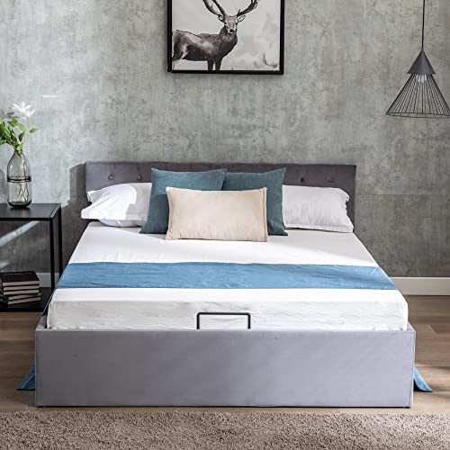 Moimhear Bett mit Bettkasten Samt-Stoff Polsterbett Lattenrost Doppelbett Stauraum Holzfuß (Grau, 140 x 200 cm) von Moimhear