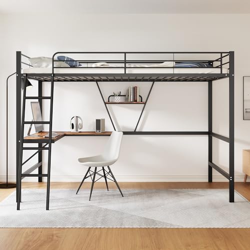 Moimhear Bettgestell Metallbett 90x200cm, Eisenbett, Hochbett mit L-förmigem Schreibtisch und einem Regal für Kinder, Jugendliche und Erwachsene (Schwarz) von Moimhear