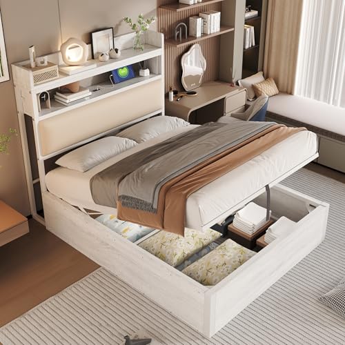 Moimhear Bettrahmen 90 x 200 mit hydraulischem Hubmechanismus, USB, gepolstertem Kopfteil, Retro-Holz- und Metalldesign, versteckte Stauraumschicht Einzelbett Moderne Schlafzimmermöbel Weiß von Moimhear