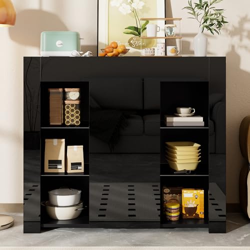 Moimhear Buffet mit Hochglanz-Front, Kompakte, 95 x 35 x 83.5 cm, mit Glasregalen und Schranktür für Wohnzimmer, Esszimmer oder Küche (Schwarz) von Moimhear