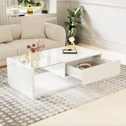 Moimhear Couchtisch, Hochglanz, Beistelltisch, Couchtisch mit Glas und LED-Effekt, mit Glasplatte, 100x50x47.5cm (Weiß, 105x55x32.5cm) von Moimhear