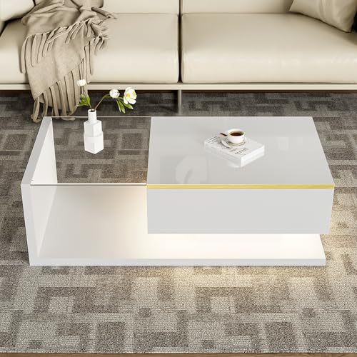 Moimhear Couchtisch, Hochglanz, Beistelltische, Couchtische mit Glas und LED-Effekt (Weiß, 100x50x32.5cm) von Moimhear