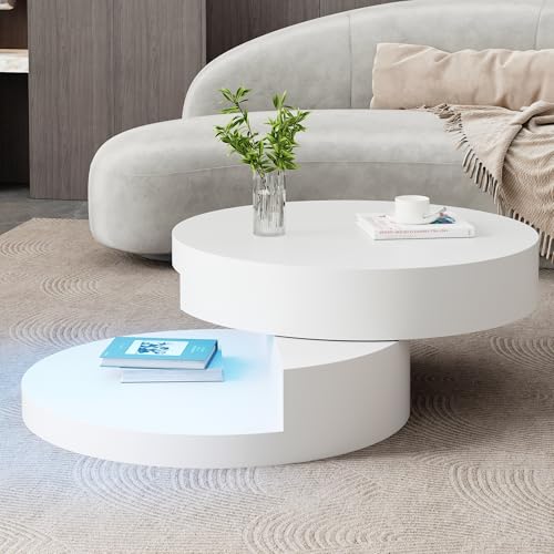 Moimhear Couchtisch, obere Tischplatte 360° drehbar, mit 16-Farbiger LED-Lichtleiste, aus MDF, belastbar bis 30 kg, 2-Schicht-Aufbau (Weiß, 70X70X35.5cm) von Moimhear