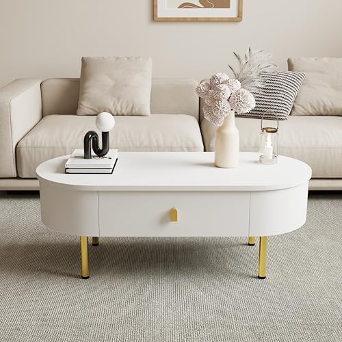 Moimhear Couchtisch mit Zwei Schubladen, goldenen Griffen und Beinen, gebogenen Ecken, 108x50x40cm Moimhear Couchtisch mit Zwei Schubladen, goldenen Griffen und Beinen, gebogenen Ecken, 108x50x40cm von Moimhear