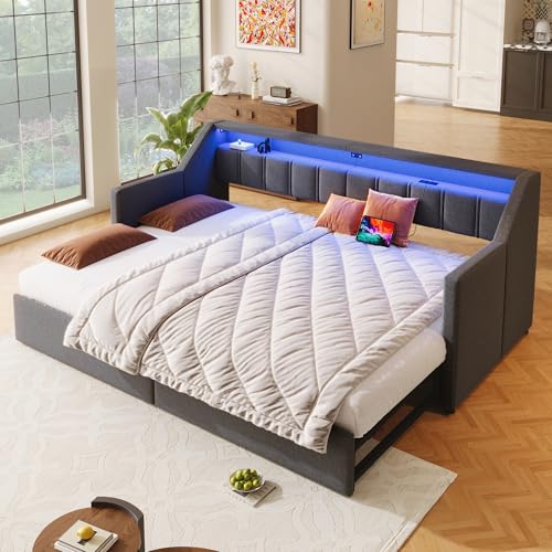 Moimhear Daybett, Tagesbett, Schlafsofa,90 x 200cm, Mit USB und Type-C, LED-Leiste mit Fernbedienung, Mit 2 Schubladen, Stauraumtaschen, Multifunktionales Ausziehbett, Ohne Matratze (Grau) von Moimhear