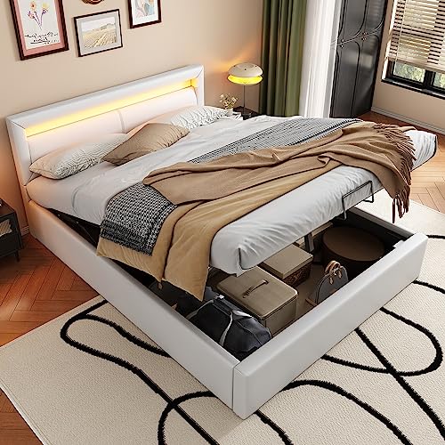 Moimhear Doppelbett,Polsterbett,140 * 200cm LED-Bett mit Lattenrost und Stauraum, beleuchtetem Kopfteil,Kunstleder & Holz (Weiß) von Moimhear