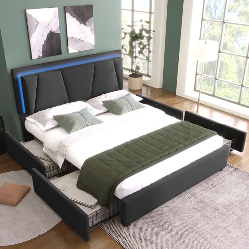 Moimhear Doppelbett 160x200cm Polsterbett mit LED-Beleuchtung und 4 Schubladen,Höhenverstellbarem Kopfteil,Stauraumbetten Bettgestell, Lattenrost aus Holz (Grau, 160 x 200cm) von Moimhear