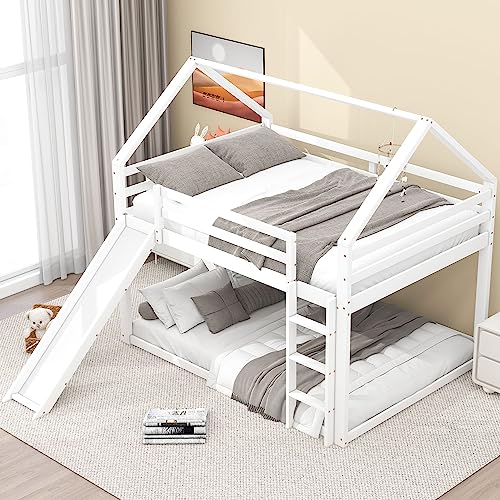 Moimhear Doppelbett Kinderbett 140x200cm, Hausbett Etagenbett mit Rutsche und Leiter, Kinderzimmer Hoch-Doppel-Stockbett (Weiß) von Moimhear