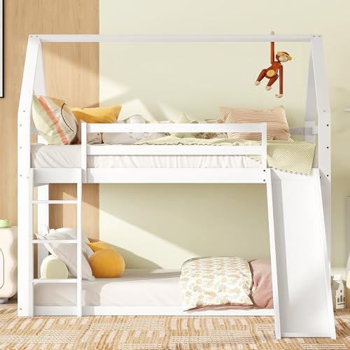 Moimhear Doppelbett Kinderbett Hausbett Etagenbett mit Rutsche und Leiter, Kinderzimmer Hoch-Doppel-Stockbett,90x200cm (Weiß) von Moimhear