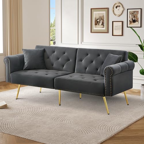 Moimhear Doppelschlafsofa – Samtpolsterung, 3-stufig verstellbare Rückenlehne und vergoldete Metallfüße. Sofa mit Schlaffunktion – platzsparend und langlebig (Grau) von Moimhear