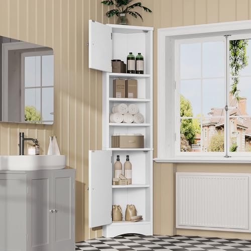 Moimhear Dreieckiger Badezimmerschrank, feuchtigkeitsbeständiger Lack, DREI offene Ablagefächer, Doppeltüren (weiß, 37x24.5x170cm) von Moimhear