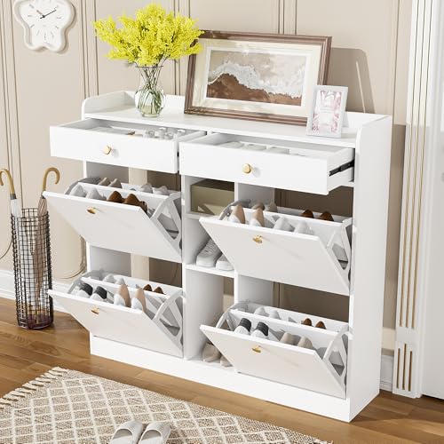 Moimhear Edler weißer Schuhschrank mit 4 Klapptüren, 2 Schubladen, 3 offenen Fächern - perfekt für Flure und Eingangsbereiche, Maße 110 x 26 x 100 cm (Weiß) von Moimhear