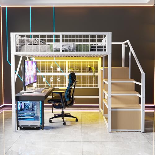 Moimhear Eisenbett, Etagenbett, Hochbett, für Kinder und Jugendliche, Metall-Hochbett mit LED-Lichtleisten, offenem Kleiderschrank, Treppe mit Stauraum (Weiß, 140x200cm) von Moimhear