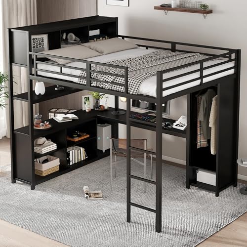 Moimhear Eisenbett, Hochbett, 140x200cm, Doppelstöckiger Stauraum unter dem Schreibtisch, Oberes Bett mit Stauraum, Mit Kleiderschrank, Eisen + Spanplatte (Schwarz) von Moimhear