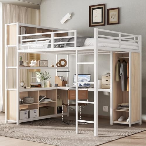 Moimhear Eisenbett, Hochbett, 140x200cm, Doppelstöckiger Stauraum unter dem Schreibtisch, Oberes Bett mit Stauraum, Mit Kleiderschrank, Eisen + Spanplatte (Weiß+Natur) von Moimhear