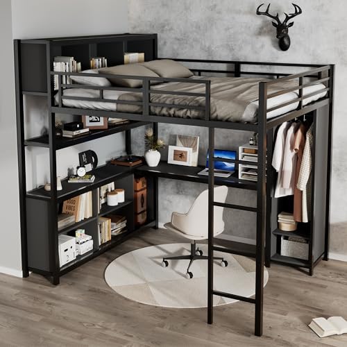 Moimhear Eisenbett, Hochbett, Doppelstöckiger Stauraum unter dem Schreibtisch, Oberes Bett mit Stauraum, Mit Kleiderschrank, Eisen + Spanplatte, 140x200cm (Black) von Moimhear