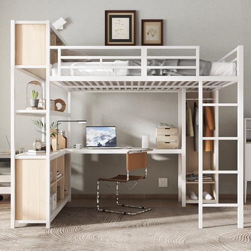 Moimhear Eisenbett, Hochbett, Doppelstöckiger Stauraum unter dem Schreibtisch, Oberes Bett mit Stauraum, Mit Kleiderschrank, Eisen + Spanplatte, 140x200cm (White) von Moimhear