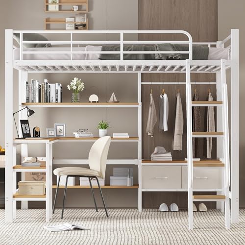 Moimhear Eisenbett, Hochbett, Inklusive Zwei Stoffaufbewahrungsboxen, Mit Schreibtisch und Aufbewahrungsregal, Vierstöckige Schrägtreppe, Eisen + MDF, Weiß+Natur, 90x200cm Moimhear Eisenbett, Hochbett, Inklusive Zwei Stoffaufbewahrungsboxen, Mit Schreibtisch und Aufbewahrungsregal, Vierstöckige Schrägtreppe, Eisen + MDF, Weiß+Natur, 90x200cm von Moimhear