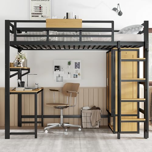 Moimhear Eisenbett, Hochbett, Mit Doppeltür-Kleiderschrank, Treppe mit Handläufen, Mit Schreibtisch und Aufbewahrungsregal, Oberes Bett mit Ablagefächern, Eisen + MDF, Schwarz+Natur, 90x200cm Moimhear Eisenbett, Hochbett, Mit Doppeltür-Kleiderschrank, Treppe mit Handläufen, Mit Schreibtisch und Aufbewahrungsregal, Oberes Bett mit Ablagefächern, Eisen + MDF, Schwarz+Natur, 90x200cm von Moimhear