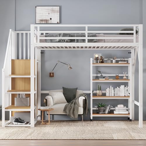 Moimhear Eisenbett, Hochbett, Vierstöckiges Regal mit Rollen, Sicherheitsgeländer, Eckleiterschrank mit Kleiderstange, Eisen + MDF, Weiß+Natur, 90x200cm Moimhear Eisenbett, Hochbett, Vierstöckiges Regal mit Rollen, Sicherheitsgeländer, Eckleiterschrank mit Kleiderstange, Eisen + MDF, Weiß+Natur, 90x200cm von Moimhear