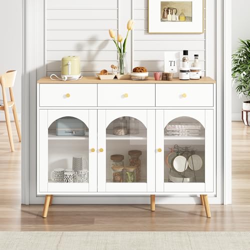 Moimhear Esszimmerschrank mit Stauraum, 94 cm hoher Kaffeebarschrank mit 3 Schubladen und 3 gebogenen Türen mit gehärtetem Glas, Weiß+Holzfarbe von Moimhear