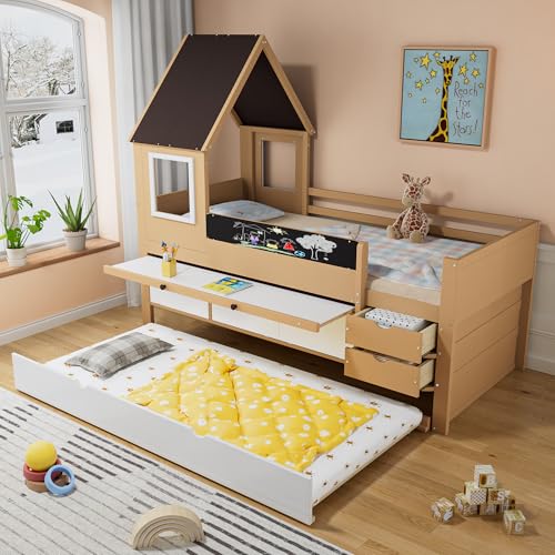 Etagenbett, Baumhausbett, mit Schubladen und Ausziehbett und Tisch, Stauraum, Fenster, Kritzeleienbrett, Kiefer + MDF, weiß + Natur, 90x200+90x190cm Etagenbett, Baumhausbett, mit Schubladen und Ausziehbett und Tisch, Stauraum, Fenster, Kritzeleienbrett, Kiefer + MDF, weiß + Natur, 90x200+90x190cm von Moimhear