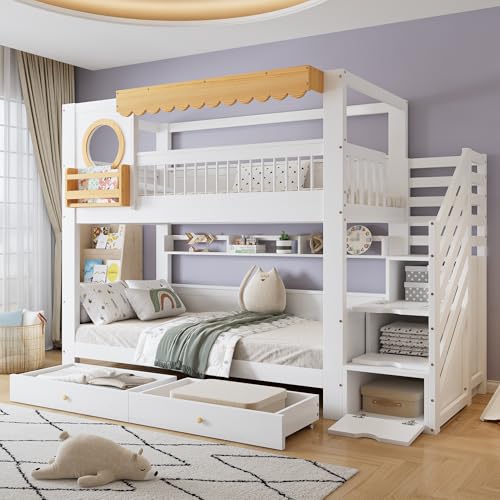 Moimhear Etagenbett, Kinderbett, Zwei Aufbewahrungsschublade mit Rollen, Mit Treppenschrank, Mit Regalen, Seitliche Ablage, Kiefer+MDF (Weiß+Natur, 90x200cm) von Moimhear