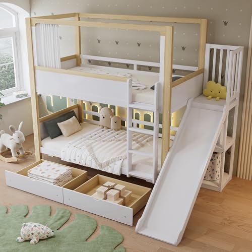 Moimhear Etagenbett, Kinderbett, Zwei Schubladen mit Rollen, 90x200cm, Oberes Bett mit einem Stoffvorhang, Kiefer+MDF+Sperrholz (Weiß+Natur, Stil 2) von Moimhear