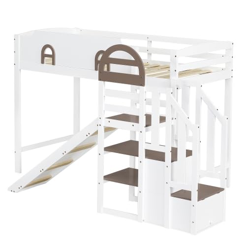 Moimhear Etagenbett, Kinderbett Mit Fenster, Mit Kinderrutsche, Treppen mit Handlauf, Mit 2 Schließfächer in der Treppe, Vielseitiges Design, Reichlich Stauraum, Kiefer+MDF, Weiß+Braun, 90x200cm von Moimhear