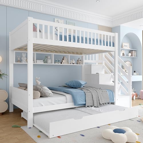Moimhear Etagenbett, Ohne Matratze, Kinderbett, mit Regal, mit Kleiderschrank, mit Staufach, Kiefernholz+MDF (Weiß mit Ausziehbett, 90x200cmx2+90x190cm) von Moimhear