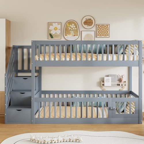 Moimhear Etagenbett Kinder 90x200 mit Sicherheitstreppe & Schubladen | Graues Holzbett mit Stauraum, Spielbereich und Sicherheitsgitter für Kinderzimmer (Grau) von Moimhear