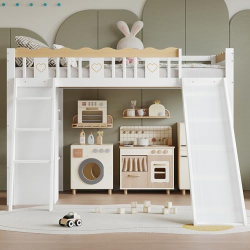 Moimhear Etagenbett mit RUTSCHE & KLEIDERSCHRANK • Kinderbett 90x200 cm mit integriertem Schrankystem • Hochbett mit Rutschbahn, 3-Stufen-Leiter & vierseitigem Zau • Weiß+Natur • Ohne Matratze von Moimhear