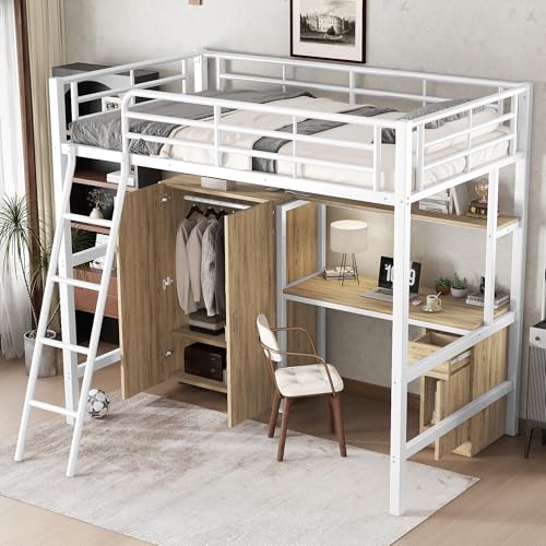 Moimhear Etagenbett mit Tisch und Kleiderschrank mit Stauraum, mit vierstufiger Schrägleiter, Eisen + Spanplatte, weiß + Natur, 90x200cm Moimhear Etagenbett mit Tisch und Kleiderschrank mit Stauraum, mit vierstufiger Schrägleiter, Eisen + Spanplatte, weiß + Natur, 90x200cm von Moimhear