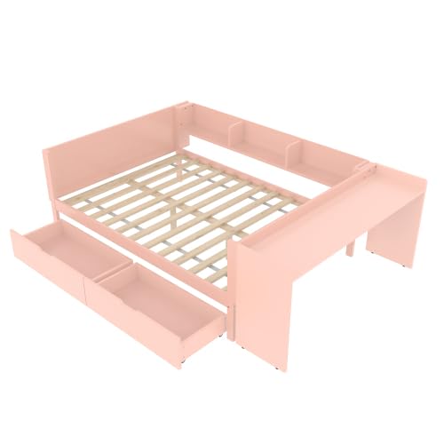 Moimhear Flachbett, Holzbett, 140x200cm, mit Schreibtisch, ausgestattet mit 2 Schubladen, Doppelbett(Ohne Matratze), mit Regalen, Kiefer + Spanplatte (Rosa) von Moimhear