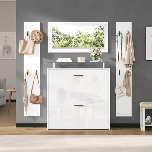 Moimhear Garderoben-Set 4-teilig mit Spiegel, Weiß, 2 Hutablage und Hochglanz Schuhschrank, Flur Garderobenständer Kleiderständer Set, mit 8 Kleiderhaken Moimhear Garderoben-Set 4-teilig mit Spiegel, Weiß, 2 Hutablage und Hochglanz Schuhschrank, Flur Garderobenständer Kleiderständer Set, mit 8 Kleiderhaken von Moimhear