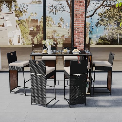 Moimhear Garten-Lounge-Set, 7-teiliges Gartenbar-Set mit Kissen, Ablagefläche, Tischplatte aus gehärtetem Glas, Polyrattan, Schwarz-Dunkelbraun-Mix von Moimhear