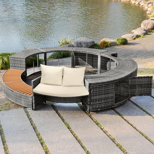 Moimhear Garten-Lounge-Set mit runder Couch, Gartenmöbel-Set, Lounge-Set, für Whirlpool und Pool, mit verstellbaren Füßen, inklusive Kissen, Möbel für Terrasse, Garten oder Poolbereich von Moimhear