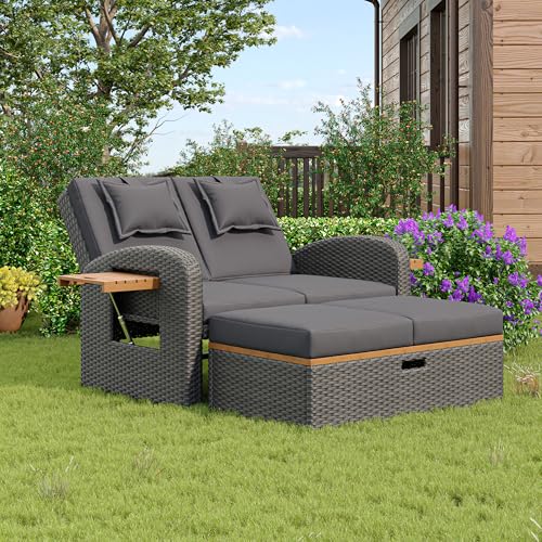 Moimhear Garten-Loungesessel-Set, graues Rattan, mit Verstellbarer Rückenlehne und Stützbeinen, kann mit Fußhocker oder als Outdoor-Bett verwendet Werden von Moimhear
