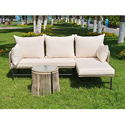 Moimhear Gartenlounge-Set, Gartenmöbel-Set, Gartenlounge mit Eisengestell und beigem Seilbezug, Gartenmöbel aus gewebtem Seil für den Außenbereich, L-förmiges Gesprächsset mit Tisch, Beige von Moimhear